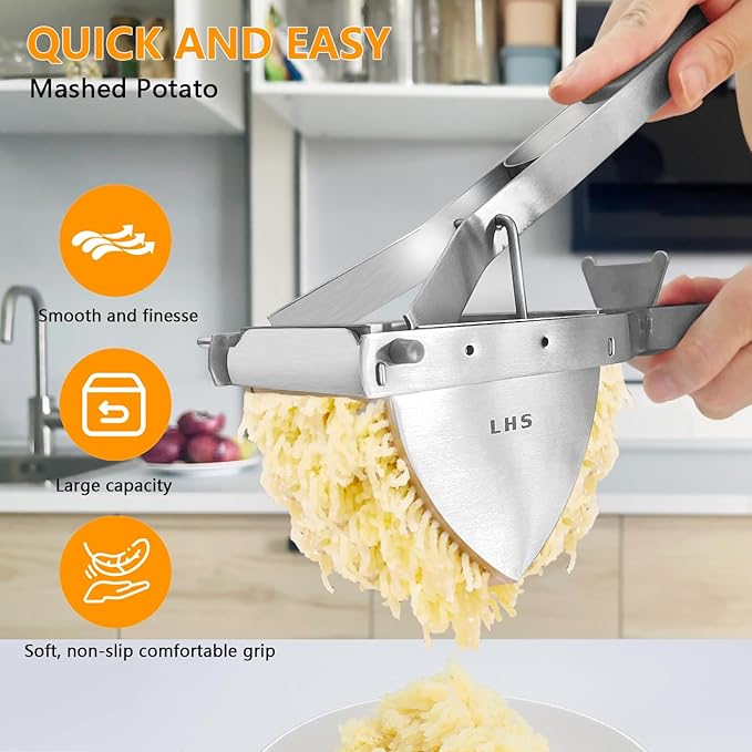 LHS Stainless Steel Potato Ricer and Masher, Heavy Duty Commercial Food Masher, Ergonomic Comfort Grip, Extra Large Capacity, Dishwasher Safe (Grey)