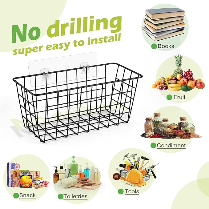 ZUSHALLMY 4 Pack Hanging Kitchen Baskets, Adhesive Wire Wall Storage Basket, No Drilling Hanging Fruit Baskets, Cabinet Door Organizer for Kitchen Bathroom Pantry, Upgrade Super-sized Adhesive (4)