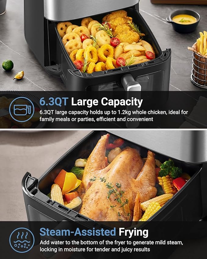 Bear 6.3QT Air Fryer with Smart Color Touchscreen, 4D Turbo Crisp Technology, See-Through Window & Steam Function for Juicy Results, 1600W, Dishwasher Safe Basket