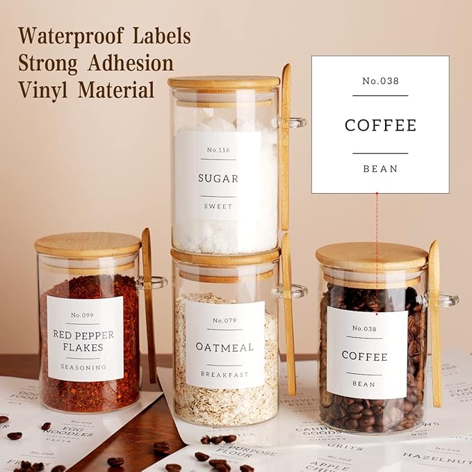 CZZGSM Glass Jar with Bamboo Lid and Spoon - 4 Pcs 17 oz Sugar Container with 132 Food Pantry Labels - Glass Containers with Wooden Lids Hold Coffee, Tea, Candy