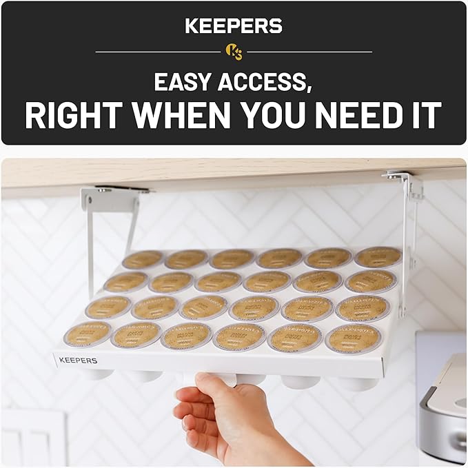 COFFEEKEEPERS KEEPERS Under Cabinet K Cup Holder with Swing-Down Access – Space-Saving Coffee Pod Holder and K Cup Organizer for 24 Pods – Steel Coffee Pod Organizer with Easy DIY Installation