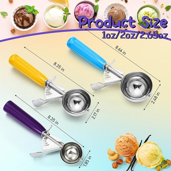 Reallnaive 3 Pcs Release Cookie Scoops Ice Cream Scooper with Trigger Release Portion Scoop Stainless Steel for Portion Control, Baking Food, Cookie Dough (1 Oz+2 Oz+2.65 oz,Purple,Yellow,Blue)