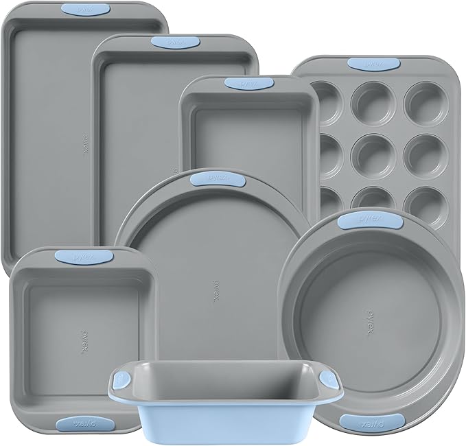 Pyrex (8-Piece) Metal Bakeware Set, Lightweight Stainless Steel Baking Trays with Heatsafe Silicone Handles, Cookie & Muffin Sheets, Round/Square Baking Pans, Cerulean