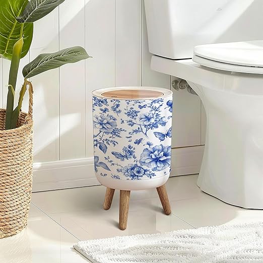 Trash Can with Lid Vintage floral Seamless Wild Roses butterflies Blue white Toile de Press Top Round Small Garbage Bin with Wooden Legs Waste Basket for Kitchen Bedroom Nursery 7L/1.8 Gallon