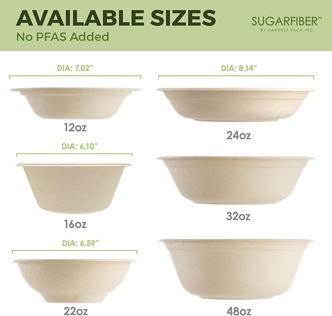 [500 Count]Harvest Pack 16oz PFAS FREE Round Paper Bowls Bulk, Compostable Heavy-Duty Eco-Friendly Disposable Bagasse Acai Bowls, Sugarcane Natural plant fibers for Meal Prep Takeout Dinnerware