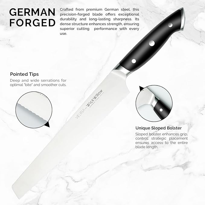 WICKWILLOW 10" Bread Knife – Razor Sharp German Steel – Serrated Knife for Homemade Bread & Sourdough – Full Tang & Ergonomic Handle – Gift Box – Velina Series