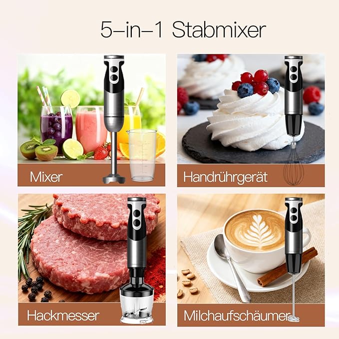 MegaWise Blender Handheld 12-Speed Stainless Steel Electric Hand Blender, 5 in 1 Immersion Handheld Blender，Titanium Blades Hand Blender, Milk Frother Wand,with 600ml Whisk Beaker and Chopper (black)