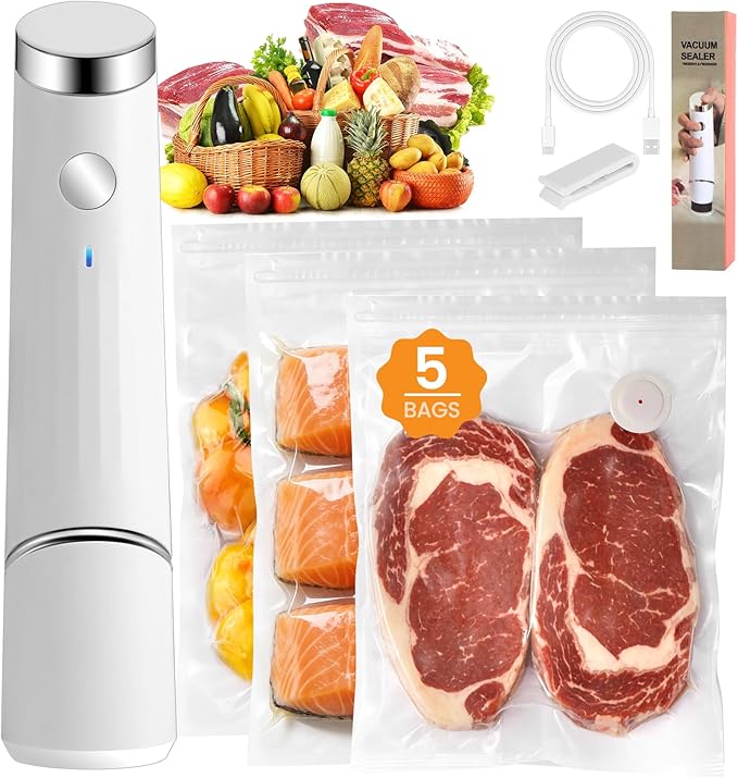 Compact Vacuum Sealer for Food (Portable Vacuum Sealer Machine+5 Reusable Bags) Compact Handheld Food Saver for Meat, Camping & RV Travel,Seal Food 6X Fresh Longer, Portable & Wireless, Easy-Clean