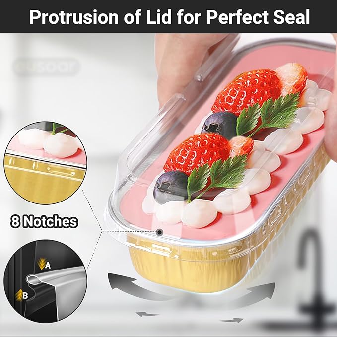 EUSOAR Gold Cupcake liners with Lids, 25pcs 6.8oz 6.5"x2.5"x1.2" Aluminum Disposable Mini Loaf Cake Pans with Lids，Cupcake Baking Cups Containers Ramekins, Dessert Cheesecake Creme Brulee Ramekins Pan