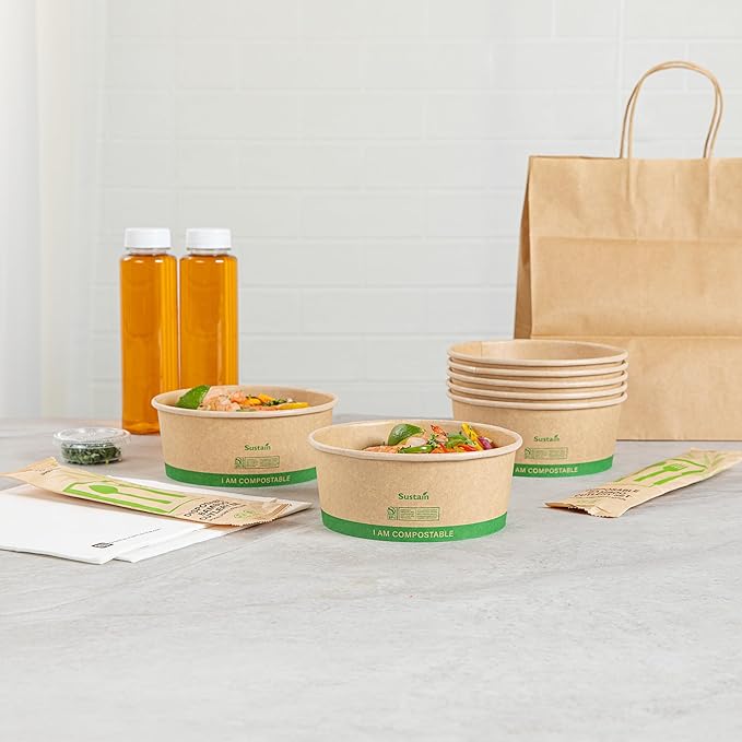 Restaurantware Paper Food Containers 200 Pack Of 25 oz Disposable Round Kraft Salad Bowls BPI-Certified Compostable Stackable Greaseproof Meal Prep Take Out Containers For Soups, Snacks And Desserts