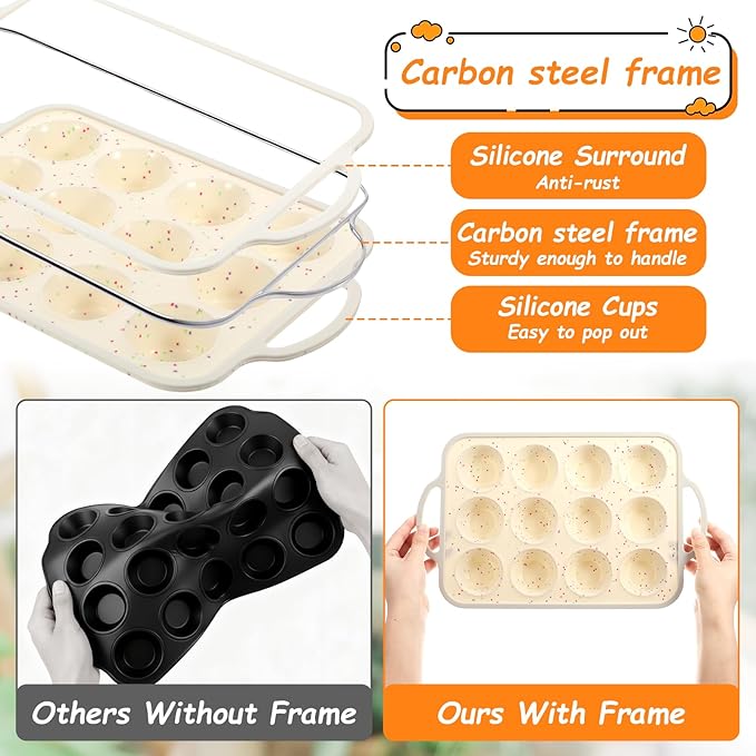 SHENLIU 4 Pcs Silicone Baking Pan Set, Mini Muffin Pan For Baking With Metal Reinforced Frame, Nonstick Loaf, Mini Muffin, Round Pans, Cupcake Baking Pans Molds for Oven, Dishwasher Safe Brownie Pan