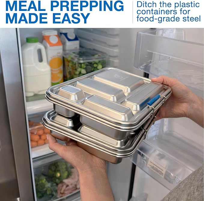 Stainless Steel Bento Box for Adults, 5 Compartment Leak-Resistant Lunch Box, Removable Silicone Seal, Snap Latch Lid, 4 Cup Metal Food Container with Utensil Section, Cerulean Blue