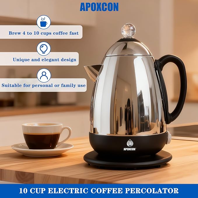 APOXCON Electric Coffee Percolator Stainless Steel Coffee Maker with Clear Brew Progress Knob & Cleaning Brush Auto Keep Warm Cordless Serving elegant design Coffee pot with On/OFF Switch (10 Cup)