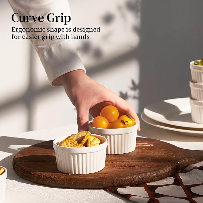 DOWAN Ramekins 6 oz Oven Safe for Creme Brulee Souffle, Porcelain Ramekin for Baking, Classic Style Small Bowls Souffle Dishes Custard Cups for Dipping Sauce, Set of 6, Soft White
