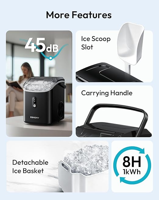 EUHOMY Nugget Ice Maker Countertop with Handle, Ready in 6 Mins, 34lbs Per Day, Removable Top Cover, Self-Cleaning, Portable Sonic Ice Maker with Basket and Scoop, for Home/Party/RV/Camping(Black)