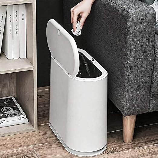 12L White Slim Bathroom Trash Can with Press Top Lid,3.17 Gallon Pet/Dog Proof Kitchen Trash Can,Thin Garbage Can,Covered Wastebasket,Narrow Small Plastic Trashcan for Craft Room,Bedroom,Office,Dorm