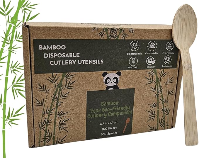 Bamboo Disposable & Compostable Spoons | Biodegradable | 6.7" Eco-Friendly Utensils | 100 Pack (Spoons)