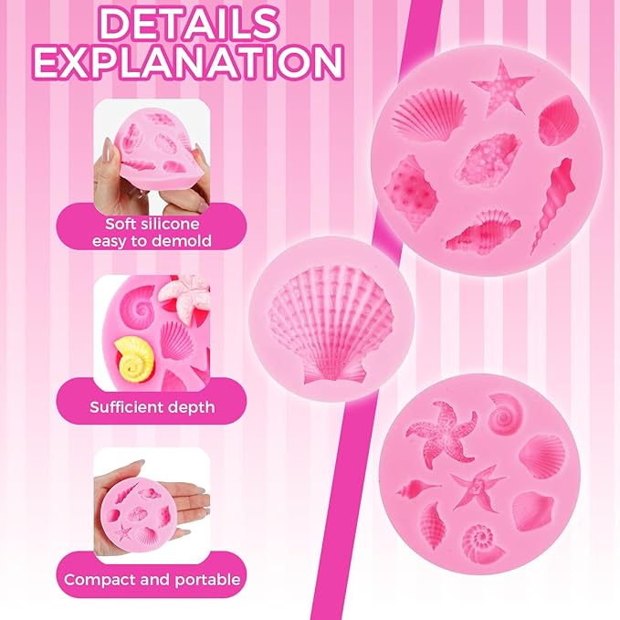 3Pcs Ocean Theme Cake Decorations Kit, Fondant Silicone Molds Set for Seashell, Starfish, Conch, Coral - For Candy, Chocolate, Clay, Resin Crafts
