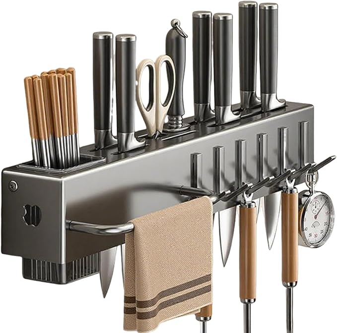 Utensil Holder – Kitchen Wall Organizer | No-Drilling Wall Mount Cutlery Storage Rack With Hooks, Towel Hanger For Spatula, Spoon, Mug & Kitchen Accessories Organization And Space Saving