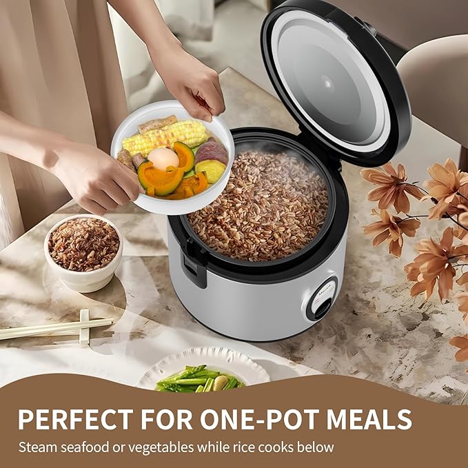Macook Stainless Steel Rice Cooker with Steamer, 4-Cup Uncooked (1.0L)/8-Cup Cooked, Electric Grain & Vegetable Cooker, Auto Keep Warm for Oatmeal, Soups & Multicooking