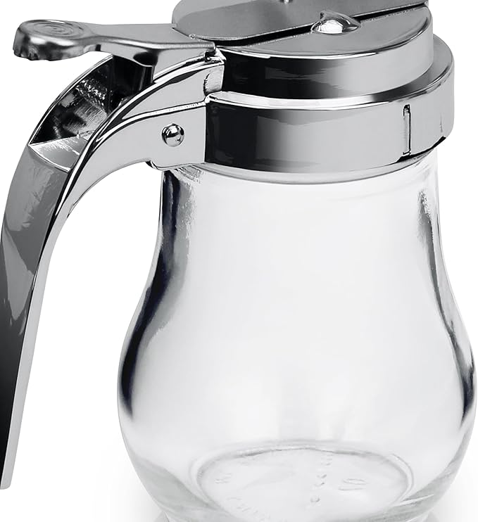 Great Credentials© Syrup Dispenser with Cast Zinc Top Glass Bulb Jar, Sugar Dispenser, Retracting Spout, Dispensing Thumb-Lever, 6 OZ. Pancake House Style set of 2