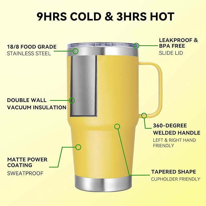 20 oz Stainless Steel Tumbler with Handle Metal Insulated Coffee Travel Mug with Handle Double Wall Tumbler Cup with Lid and Straw, Yellow 1 Pack