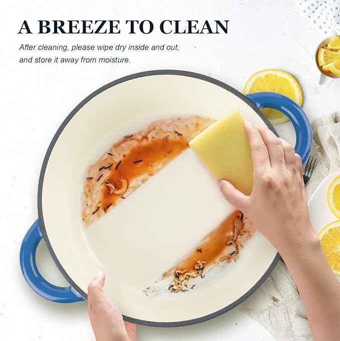 Overmont Enameled Cast Iron Dutch Oven - 7QT Pot with Lid Cookbook & Cotton Potholders - Heavy-Duty Cookware for Braising, Stews, Roasting, Bread Baking blue