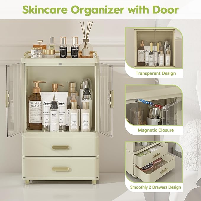 Webetop Make up Organizers for Vanity, 18.3" Skin Care Organizer Countertop with Drawers & Doors, Large Make up Storage Organizer, Pro Beauty Organizer Case for Dresser,Skin Care Caddy Holder Gift