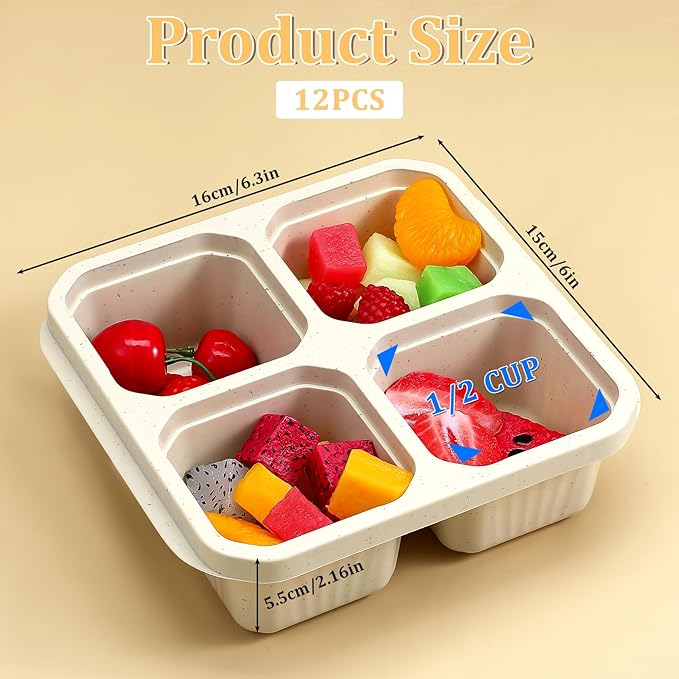 SHENLIU 6 Pack 4 Compartment Snack Containers, Beige Reusable Lunchable Container Divided Bento Snack Box with Lids Food Storage Containers for Adults Travel Work