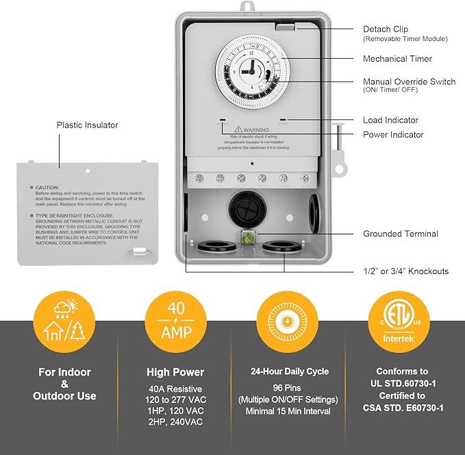 SURAIELEC Pool Timer, 24-Hour Cycle Mechanical Timer Switch, 40 AMP, 2HP, 120, 240, 277 VAC, Outdoor Indoor Heavy Duty Pool Controller Box for Pool Pump, Water Heater, Spa, Powerful Appliances