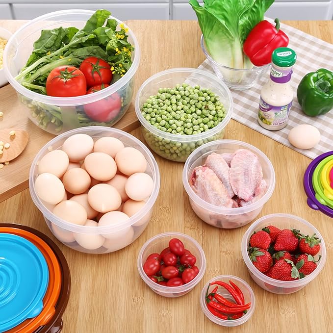 7Pcs Round Mixing Bowl Set Salad Bowl with Airtight Lids Plastic Nesting Mixing Bowl Set for Packing and Serving Christmas Salads Candies Cookies, Microwave Safe