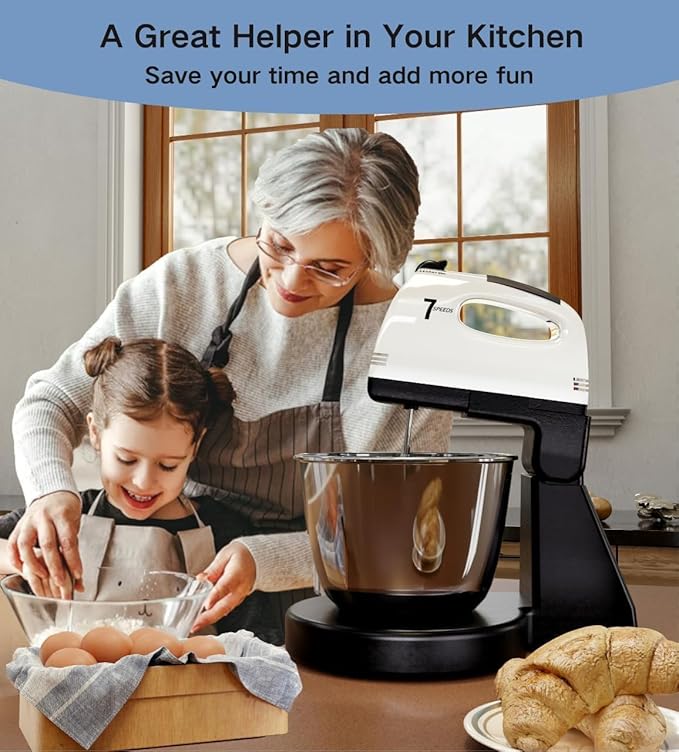 Stand Mixers, 7 Speeds With 3QT Stainless Steel Bowl, Stand and Hand Mixer with Dough Hook, Whisk, Mixing Beater for Baking, Cake, Cookie, Kneading (VL2)