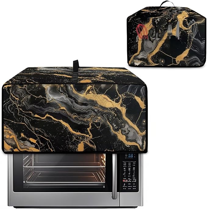 Air Fryer Toaster Oven Dust Cover Dustproof Modern Design Convection Oven Cover with Side Pockets for Small Kitchen Appliances, S, 14.5 x 18.5 x 9 Inches, Black Gold Marble