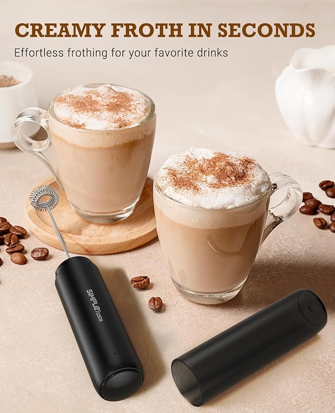 SIMPLETASTE Milk Frother Handheld Electric Foam Maker, Drink Mixer with Stainless Steel Whisk for Cappuccino, Bulletproof Coffee, Latte, Black, without Stand, USB-C Rechargeable