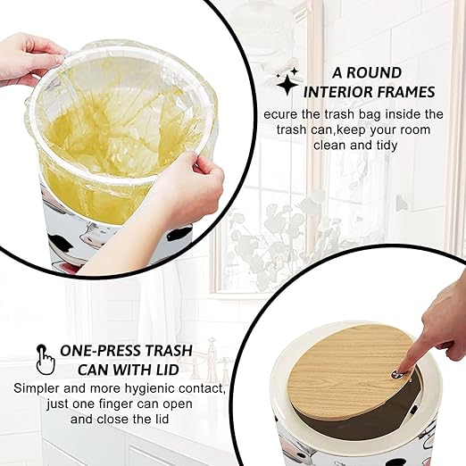 Trash Can with Lid Seamless Pattern Funny White Cow Pretty Cow Bow Press Cover Round Small Garbage Bin with Wooden Legs Waste Basket for Kitchen Bedroom Nursery 7L/1.8 Gallon