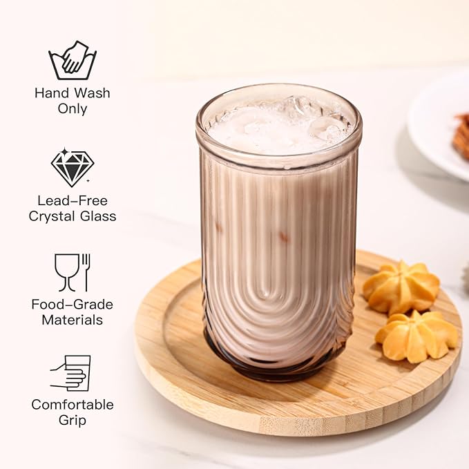 JOVGANK Colored Vintage Glassware Set of 6-17Oz Colorful Water Drinking Glass, Art Deco Ripple Highball Glass, Whiskey Cocktail Glasses, for Bar Ice Coffee Juice, Housewarming, Mother's Day Gift