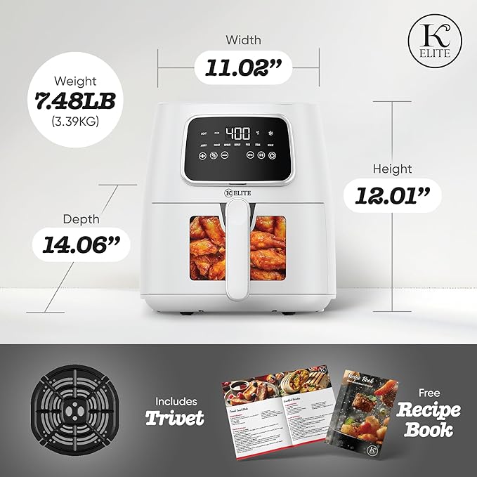 Kitchen Elite 5.5 Qt. Digital Air Fryer, Countertop Cooker with LED Screen, Presets for Air Fry, Roast, Dehydrate, Defrost and Reheat, White