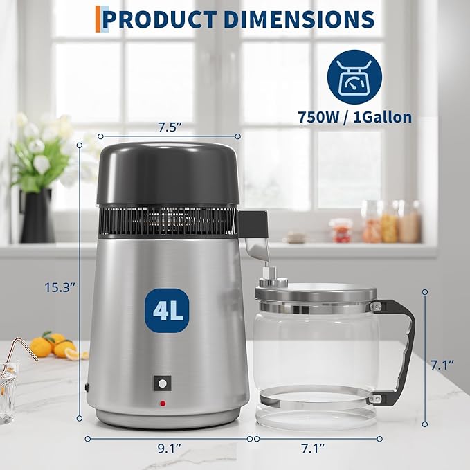 GarveeHome Water Distillers for Home Countertop, 1 gal/4 L Stainless Steel Distilled Water Machine with Glass Container, 750W Desktop Drinking Purifier Filter Distilling Kit, Silver