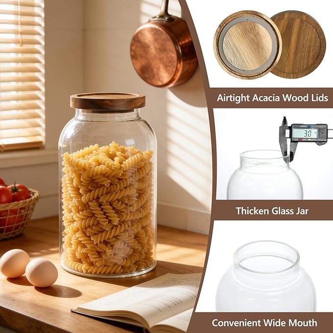 88oz Large Glass Storage Jars with Airtight Acacia Lid and 126 Kitchen Pantry Labels Set of 3, Clear Food Storage Containers for Rice, Pasta, Oats, Cookies and Dry Food