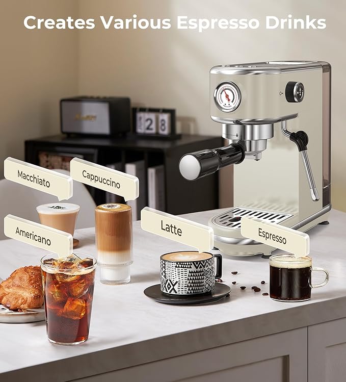 atatix 20 Bar Espresso Machine with Milk Frother, Compact Espresso Maker, Stainless Steel Coffee Machine with Precise Temp Control & 44oz Removable Water Tank for Latte, Cappuccino, Light Grey