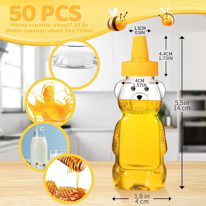 Roshtia 50 Pcs 5 oz Honey Bear Bottles Plastic Empty Clear Squeeze Honey Container Cups Bear Reusable Juice Bottle Bulk with Leak Proof Spout Lids for Storing Dispensing Baby Shower Gifts