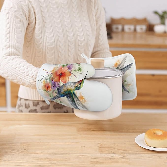 Oven Mitts and Pot Holders Watercolor Hummingbird Flower Silicone Kitchen Accessories Set of 4 Heat Resistant Long Gloves Potholder Non-Slip Grip for Chef Cooking Baking Grilling BBQ