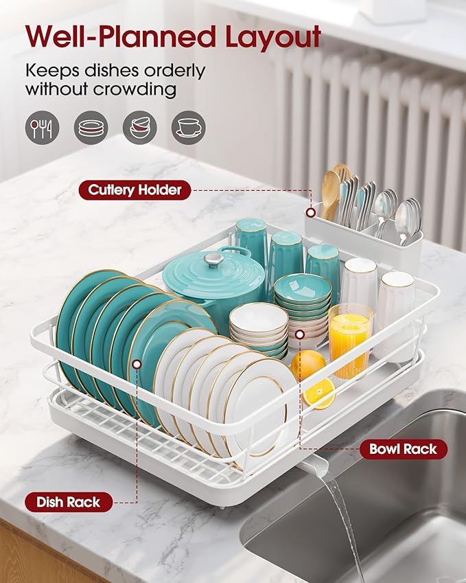 Sakugi Stainless Steel Dish Drying Rack for Kitchen Counter, Sink Organization and Storage Essentials with Silverware & Utensil Holder, Home and Apartment Decor, 12''W x 15.5''L, White