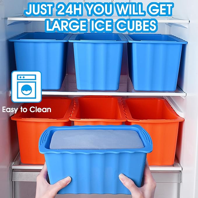 Haldane 6PCLarge Ice Cube Molds 38LB Ice Bath Water Chiller Giant Ice Block Molds Silicone Ice Block Maker For Home, Thicker Big Ice Cube Tray Reusable Athletes Cold Plunge Accessories,Blue+Orange