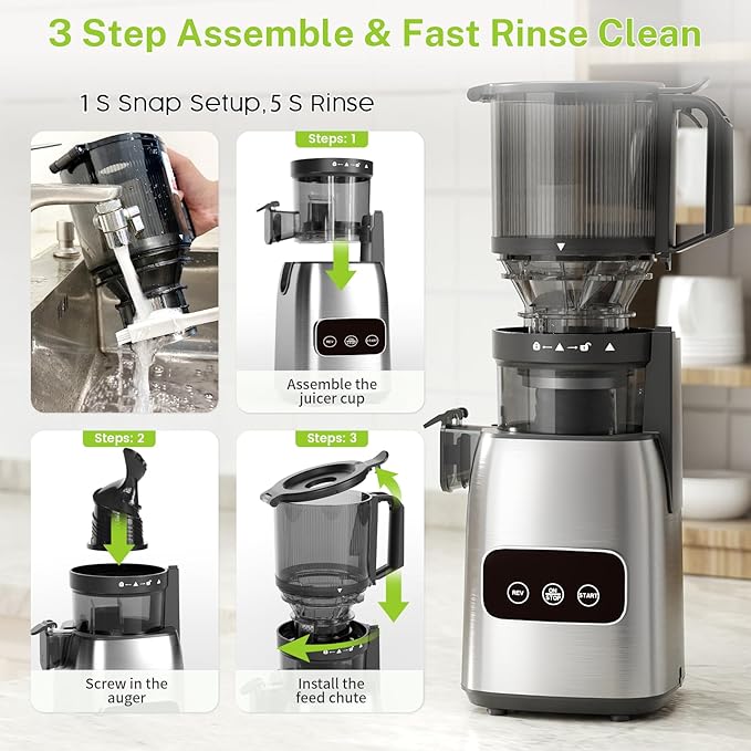 Kndko Juicer Machines with 5.4" Large Feed Chute, Cold Press Juicer for Whole Vegetables and Fruits, Stainless Steel Slow Masticating Juicer Easy to Clean, Self Feeding, High Juice Yield