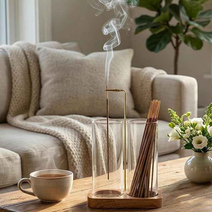 Ceremony Incense Holder, 2 in 1 Wooden Incense Holder for Sticks with 20 Incense Sticks, Anti-ash Incense Burner with Glass Ash Catcher, Wood Incense Holder 20 Stick (2 Glass Rectangle Base)