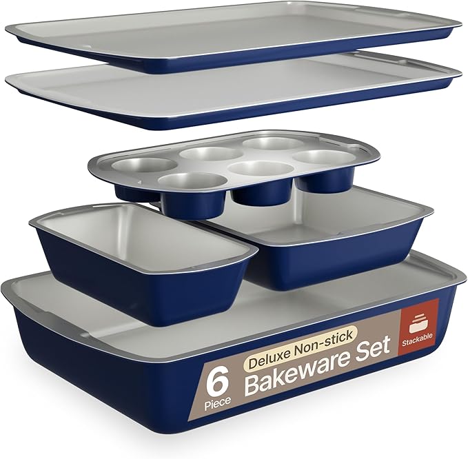 BAKKEN 6-Piece Kitchen Baking Pan Set - Royal Blue Color with Gray Ceramic Nonstick Coating, Commercial Grade Carbon Steel Bakeware, Baking Essentials, PFOA, PFOS, PTFE Free, Oven Safe (Up To 450° F)