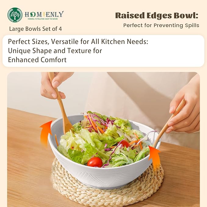 Homienly Wheat Straw Bowls, Large Salad Bowls Set of 6, 60 OZ Large Capacity Serving Bowl for Kitchen, Picnic, Camping,Lightweight Unbreakable Microwave and Dishwasher Safe Big Bowl - White