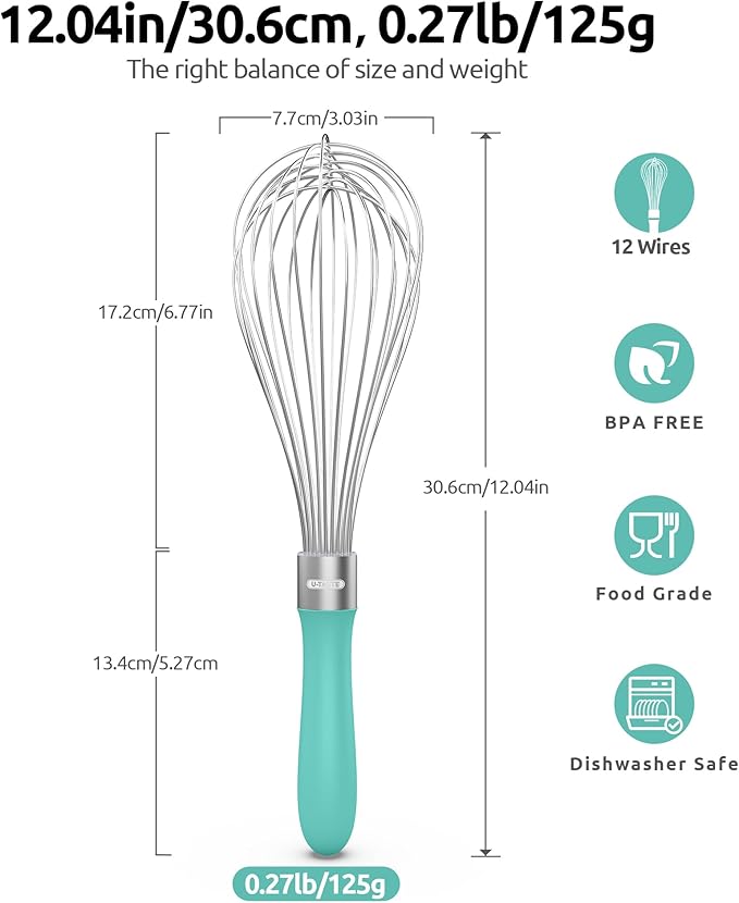 U-Taste 18/8 Stainless Steel Measuring Cups and Spoons (Set of 10, Multicolor), and 18/10 Stainless Steel Balloon Whisk for Kitchen Cooking with 12 Flex Wires (Aqua Sky)