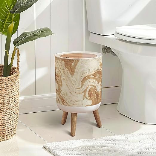 Trash Can with Lid Gold Textured Paper Press Top Round Small Garbage Bin with Wooden Legs Waste Basket for Kitchen Bedroom Nursery 7L/1.8 Gallon